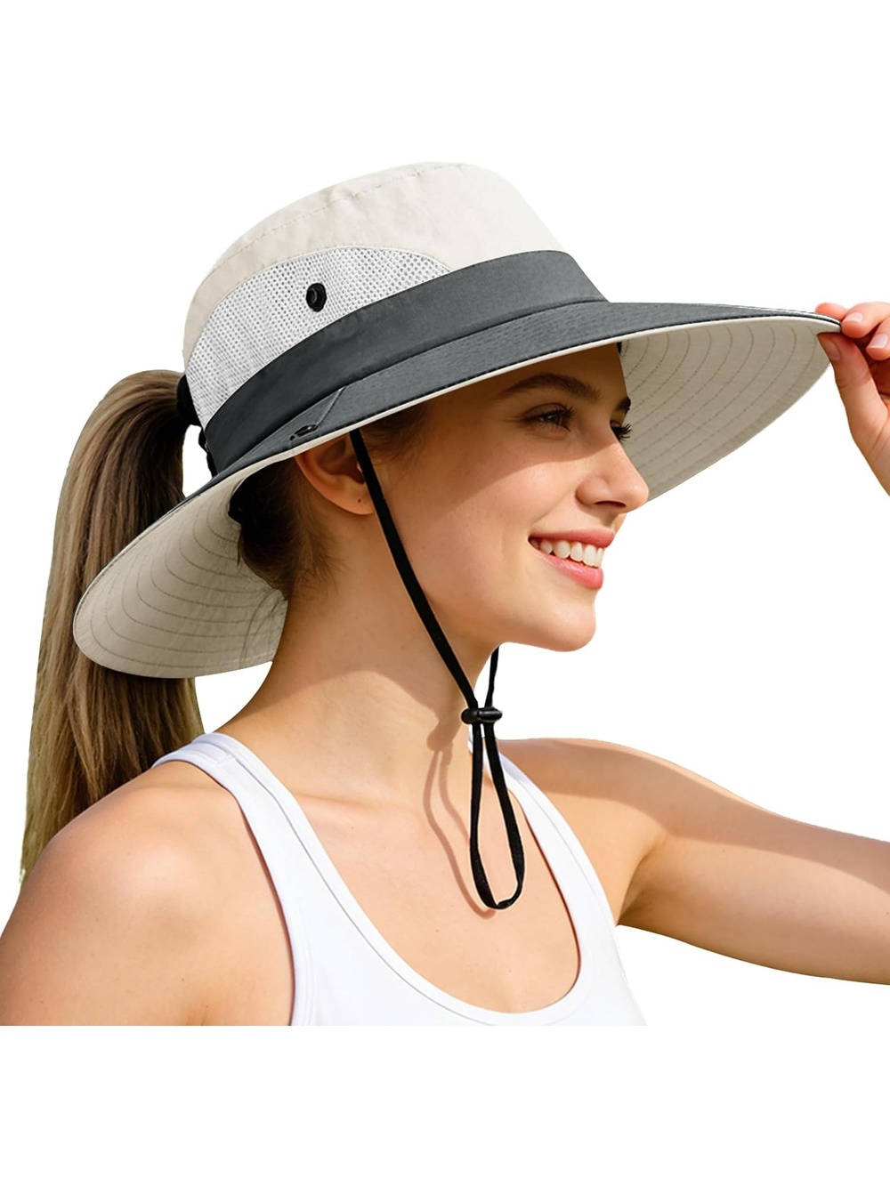 Women's White Wide Brim Foldable Ponytail Mesh Safari Chin Fishing Strap Hat